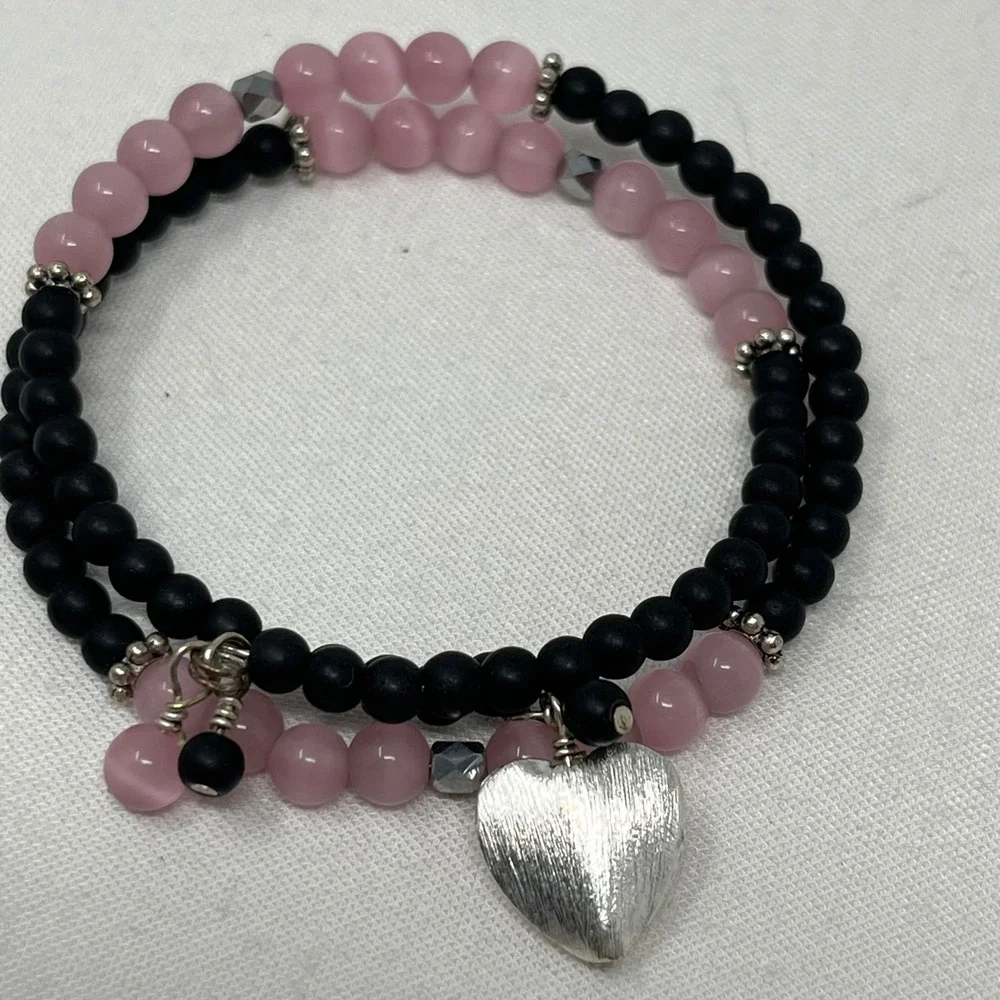 Set of 2 Beaded Heart Charm Wrap Bracelets Pink Black White Howlite Hematite Sty